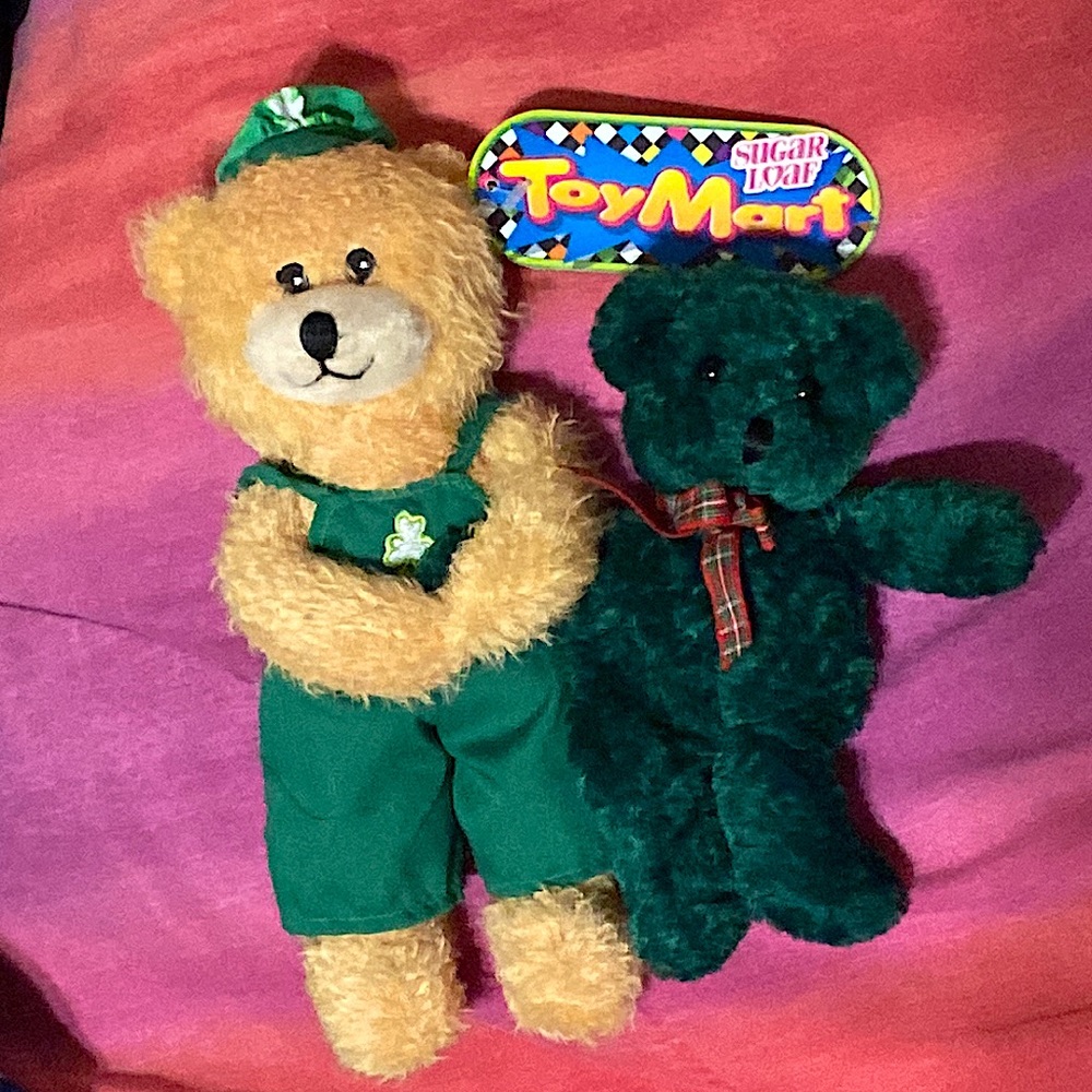 TWO stuffed-toy bears-Great (used) condition-Dark Green and Light Brown bears